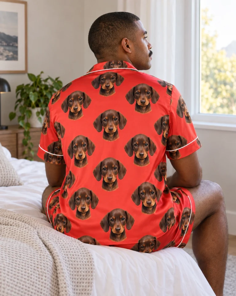Back view of a mens pajama set: the print continues all the way round — MyDogPics