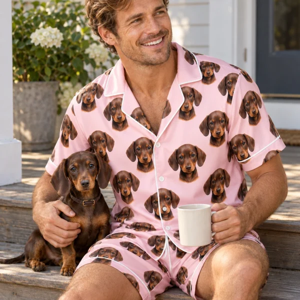 Man in a mens pajama set cuddling his dachshund — MyDogPics