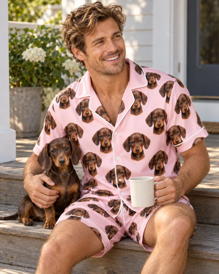 Man in a mens pajama set cuddling his dachshund — MyDogPics