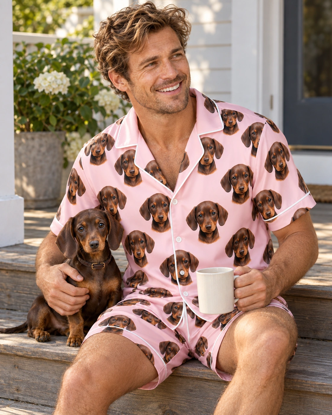 Men’s Pajama Set – Cuddling Dog, Blush Pink | MyDogPics Man in a mens pajama set cuddling his dachshund — MyDogPics