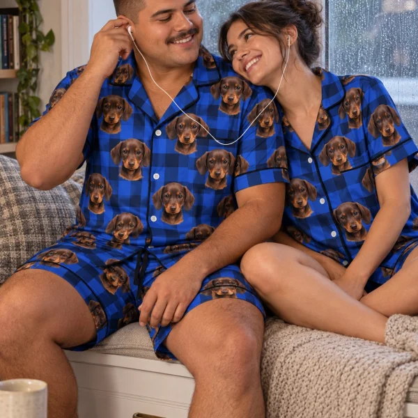 Man and his partner in matching mens pajama set with brown dachshund puppy faces on blue plaid satin — MyDogPics
