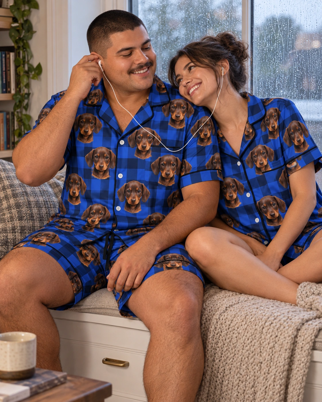 Men’s Pajama Set – Family, Blue Plaid | MyDogPics Man and his partner in matching mens pajama set with brown dachshund puppy faces on blue plaid satin — MyDogPics