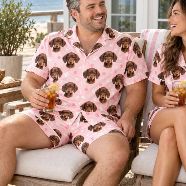 Man and his partner in matching mens pajama set with brown dachshund puppy faces on blush pink paw-print satin — MyDogPics