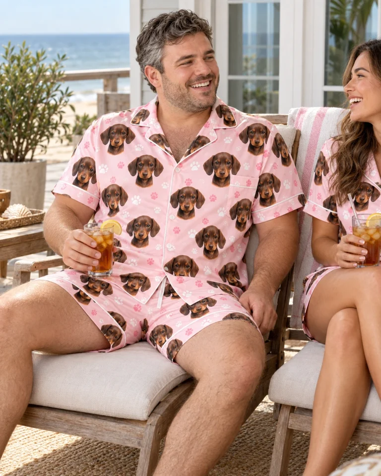 Man and his partner in matching mens pajama set with brown dachshund puppy faces on blush pink paw-print satin — MyDogPics