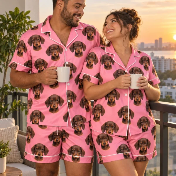 Man and his partner in matching mens pajama set with brown dachshund puppy faces on pink satin — MyDogPics