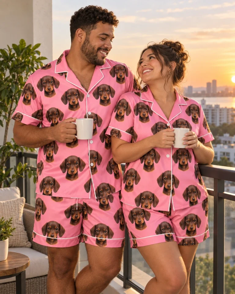 Man and his partner in matching mens pajama set with brown dachshund puppy faces on pink satin — MyDogPics