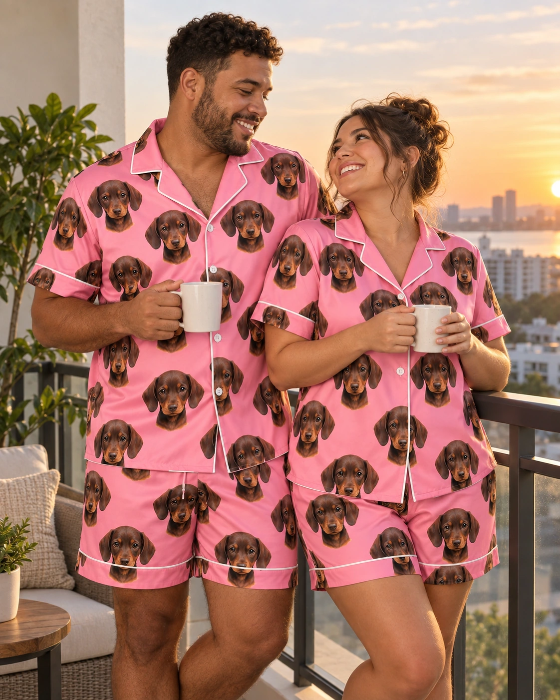 Men’s Pajama Set – Family, Pink | MyDogPics Man and his partner in matching mens pajama set with brown dachshund puppy faces on pink satin — MyDogPics