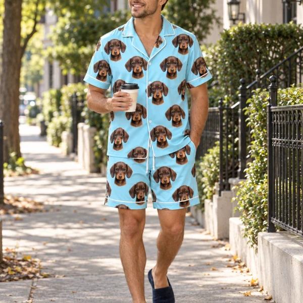 Man posing in a mens pajama set, brown dachshund puppy faces on light blue satin — MyDogPics