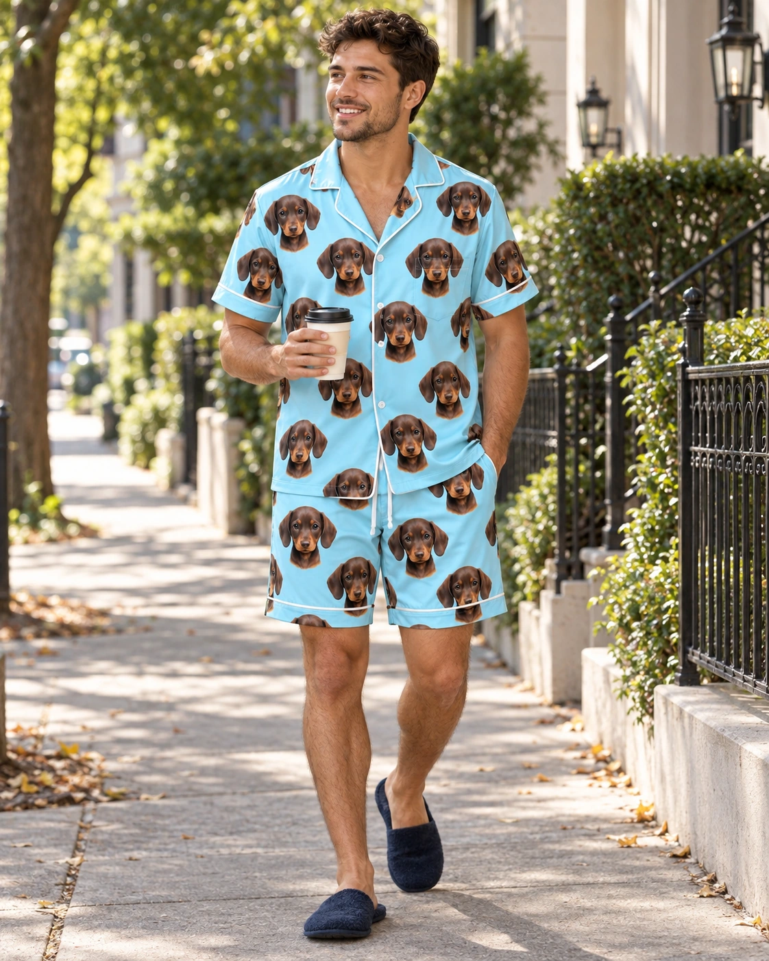 Men’s Pajama Set – Pose, Light Blue | MyDogPics Man posing in a mens pajama set, brown dachshund puppy faces on light blue satin — MyDogPics