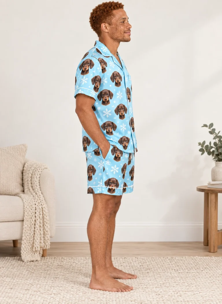 Side view of a mens pajama set with brown dachshund puppy faces on light blue snowflake satin — MyDogPics