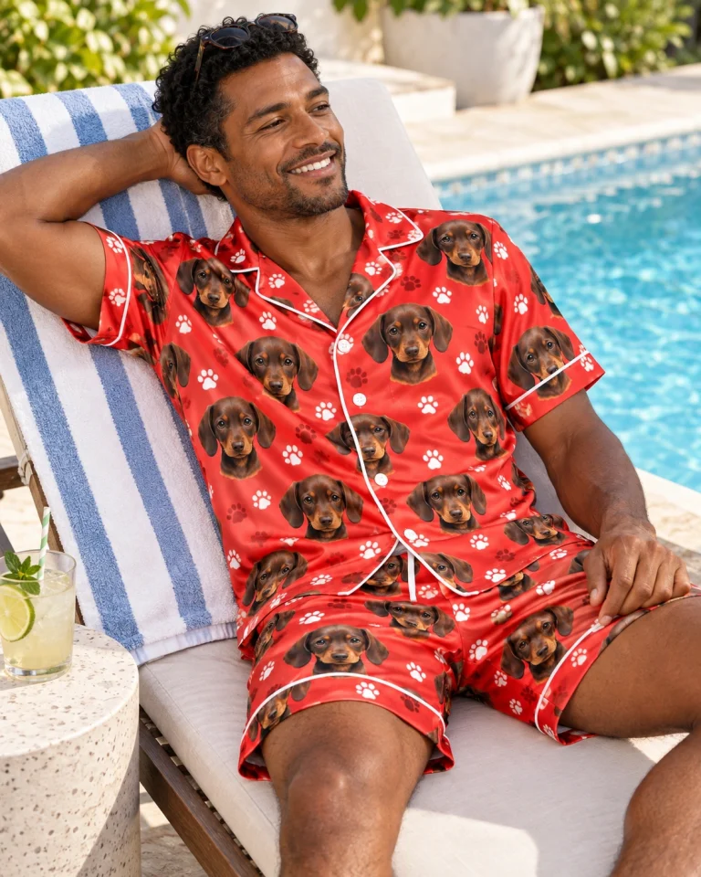 Man sitting in a mens pajama set covered in brown dachshund puppy faces — MyDogPics