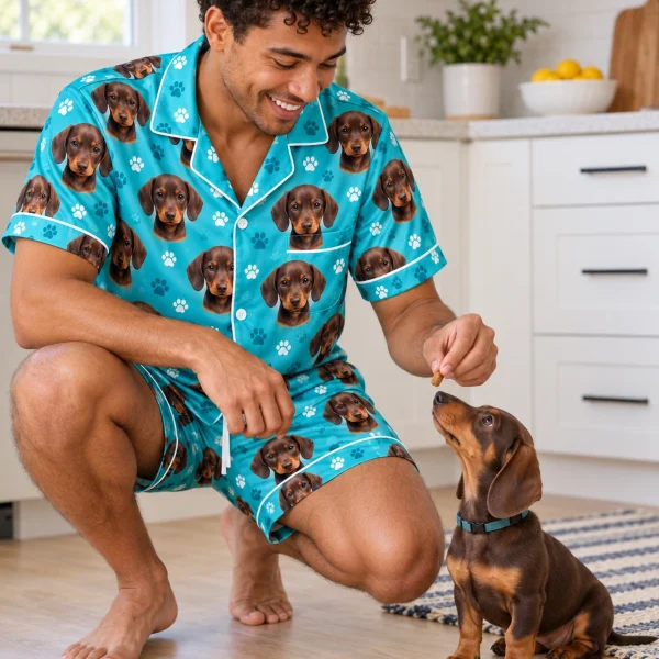 Man in a mens pajama set with his dachshund — MyDogPics