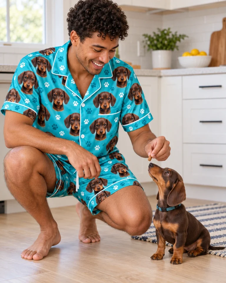 Man in a mens pajama set with his dachshund — MyDogPics
