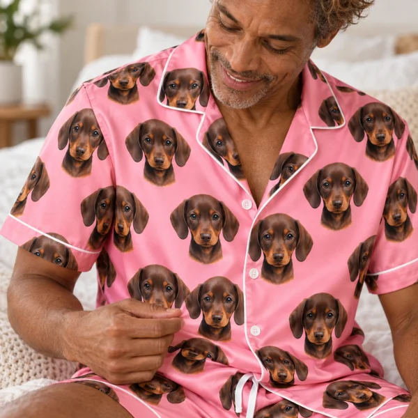 Close-up of the mens pajama shorts print: brown dachshund puppy faces on pink satin — MyDogPics