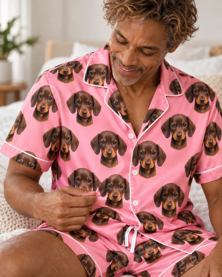 Close-up of the mens pajama shorts print: brown dachshund puppy faces on pink satin — MyDogPics