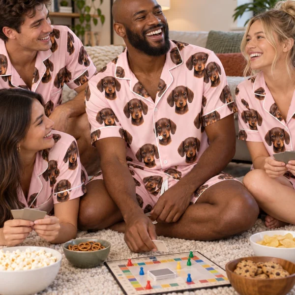 Man and friends in matching mens pajama shorts with brown dachshund puppy faces on blush pink satin — MyDogPics