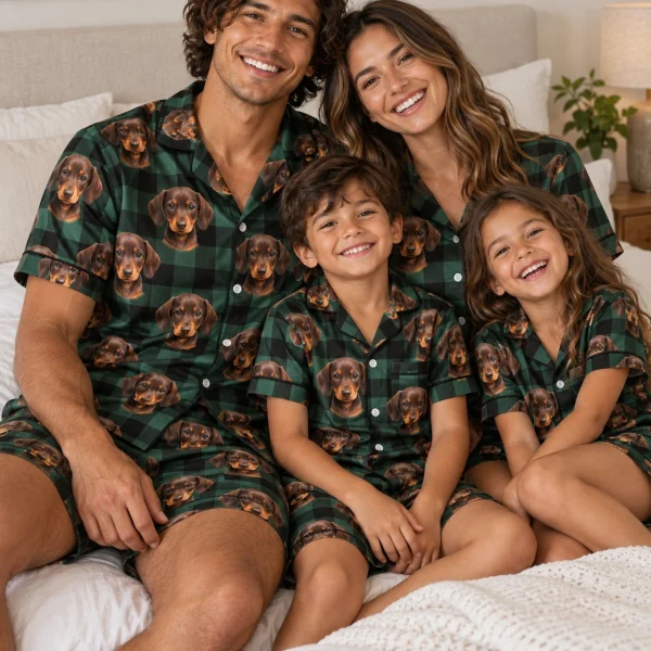 Man and his family in matching mens pajama shorts with brown dachshund puppy faces on green plaid satin — MyDogPics