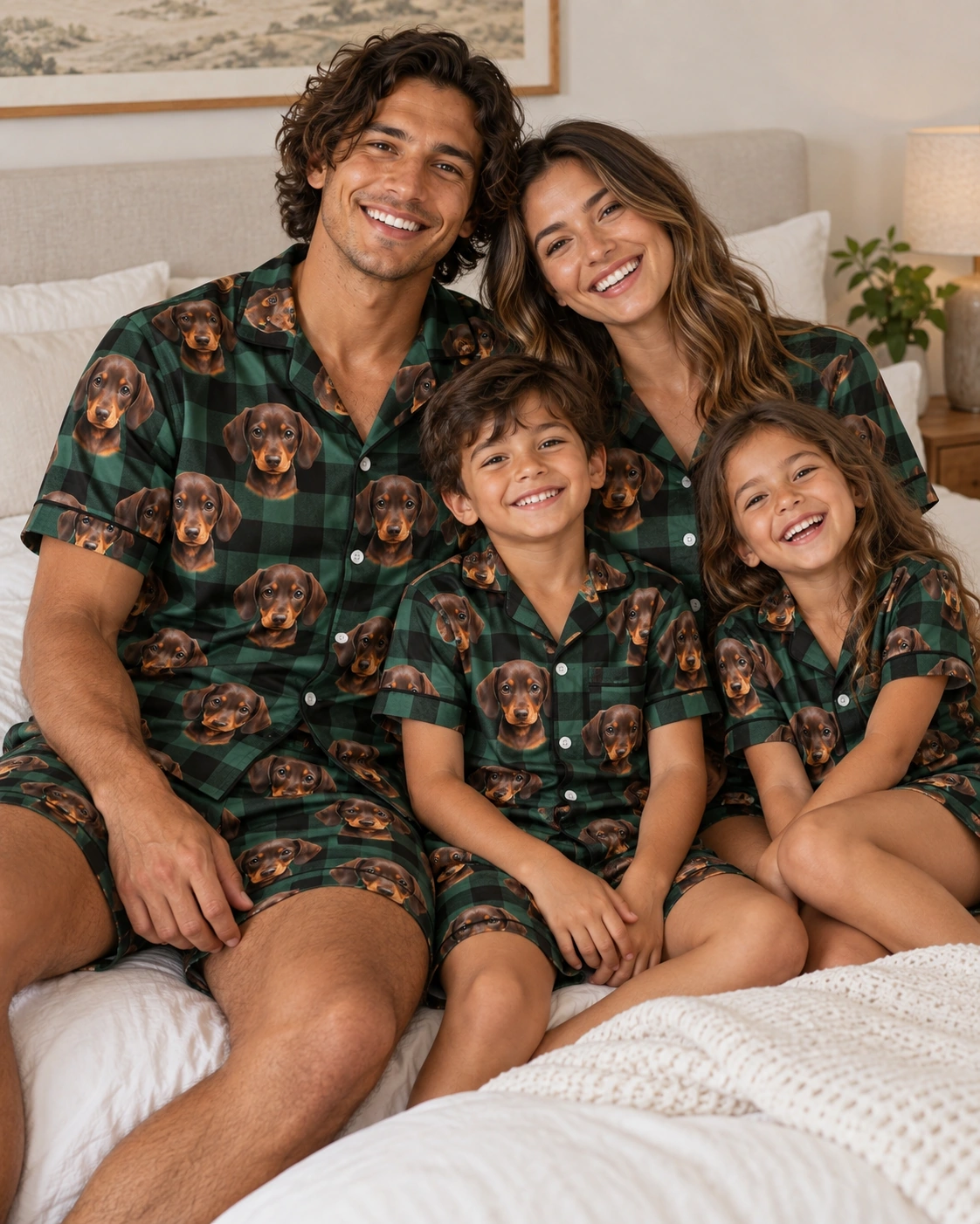 Men’s Pajama Shorts – Family, Green Plaid | MyDogPics Man and his family in matching mens pajama shorts with brown dachshund puppy faces on green plaid satin — MyDogPics