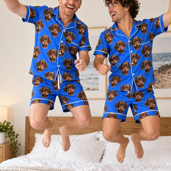 Man and a friend in matching mens pajama shorts with brown dachshund puppy faces on royal blue satin — MyDogPics