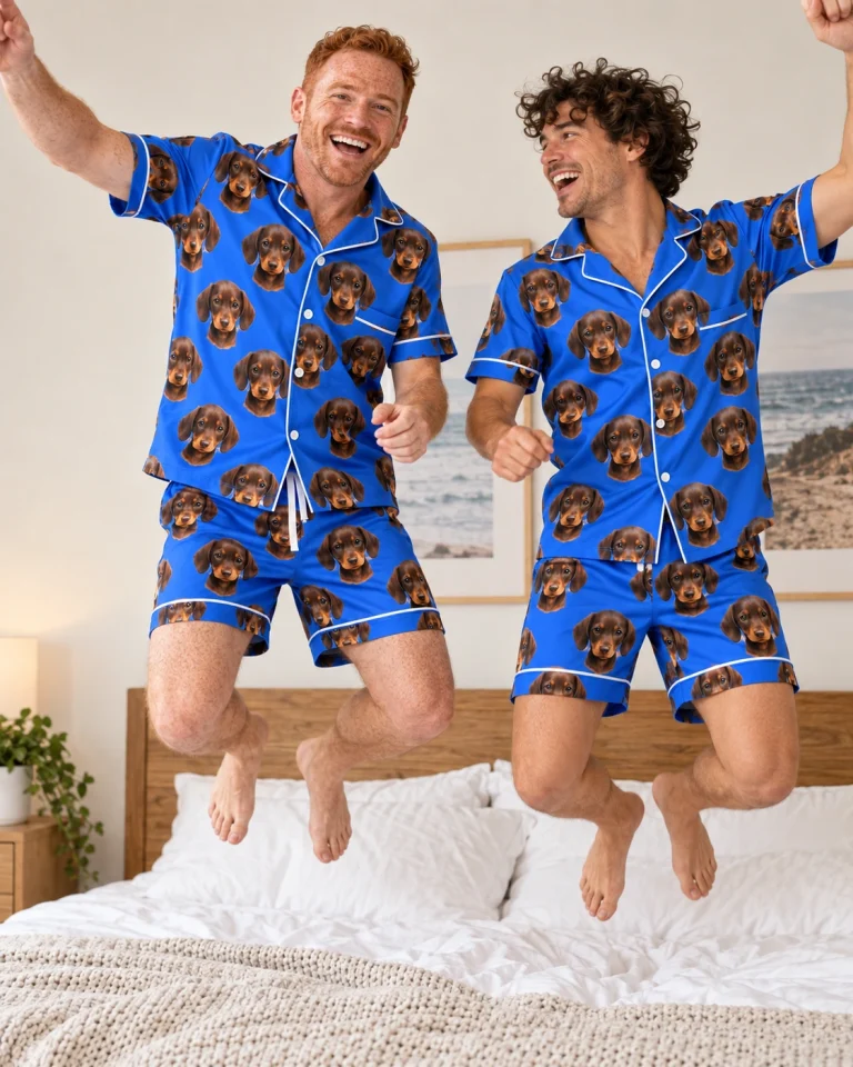 Man and a friend in matching mens pajama shorts with brown dachshund puppy faces on royal blue satin — MyDogPics