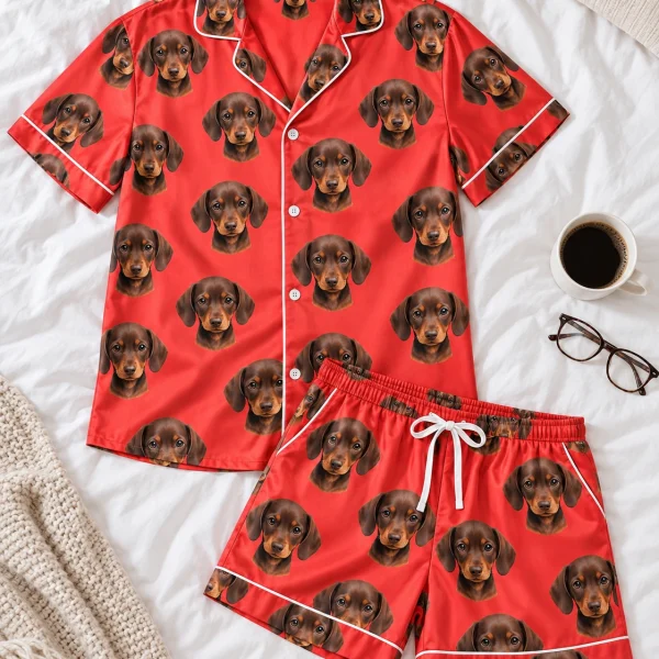 Flat lay of mens pajama shorts: shirt and shorts covered in brown dachshund puppy faces — MyDogPics