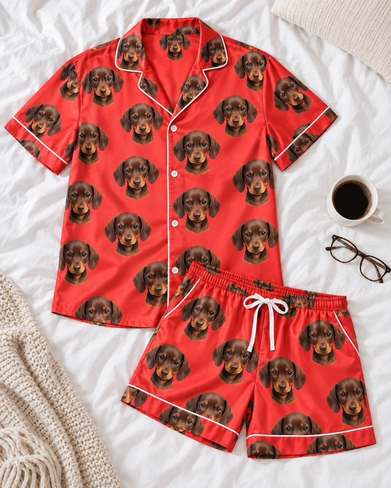 Flat lay of mens pajama shorts: shirt and shorts covered in brown dachshund puppy faces — MyDogPics