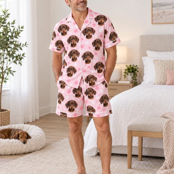Man wearing mens pajama shorts covered in brown dachshund puppy faces on blush pink paw-print satin — MyDogPics