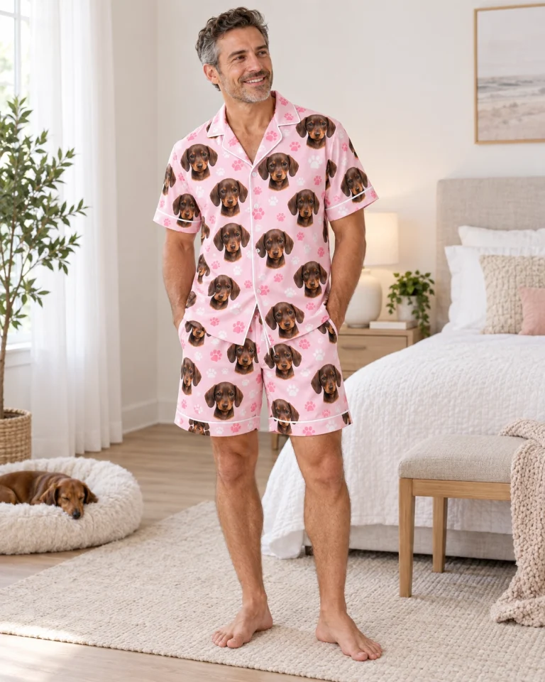 Man wearing mens pajama shorts covered in brown dachshund puppy faces on blush pink paw-print satin — MyDogPics