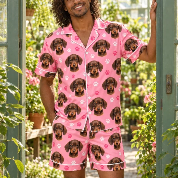 Man wearing mens pajama shorts covered in brown dachshund puppy faces on pink paw-print satin — MyDogPics