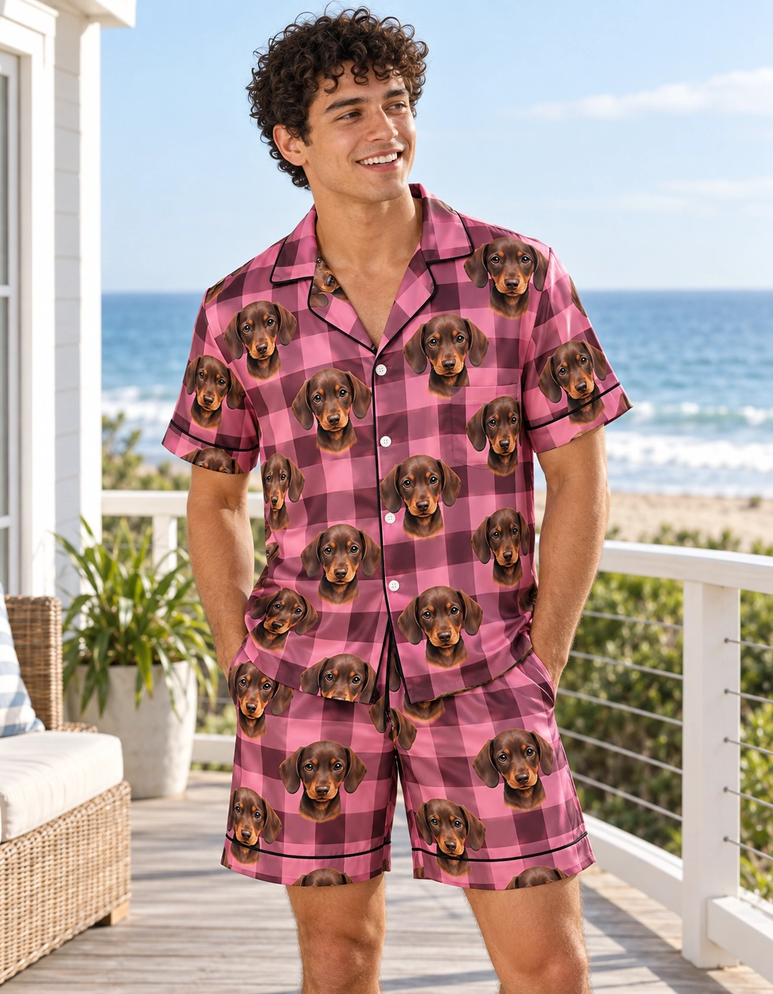 Men’s Pajama Shorts – Front View, Pink Plaid | MyDogPics Man wearing mens pajama shorts covered in brown dachshund puppy faces on pink plaid satin — MyDogPics