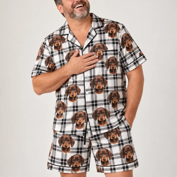 Man wearing mens pajama shorts covered in brown dachshund puppy faces on white plaid satin — MyDogPics