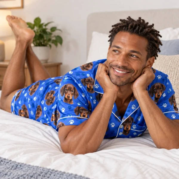 Man posing in mens pajama shorts, brown dachshund puppy faces on royal blue paw-print satin — MyDogPics
