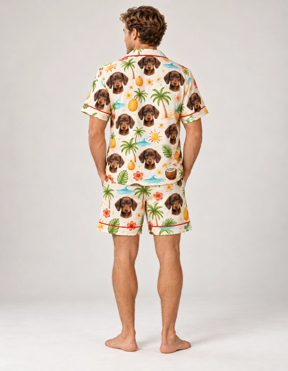 Men’s Pajama Shorts Set – Back View | MyDogPics Back view of a mens pajama shorts set: the print continues all the way round — MyDogPics