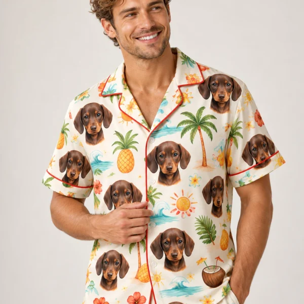Close-up of the mens pajama shorts set print: dachshund faces on a cream tropical print — MyDogPics