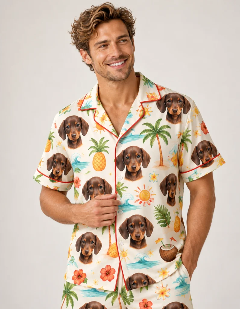 Close-up of the mens pajama shorts set print: dachshund faces on a cream tropical print — MyDogPics