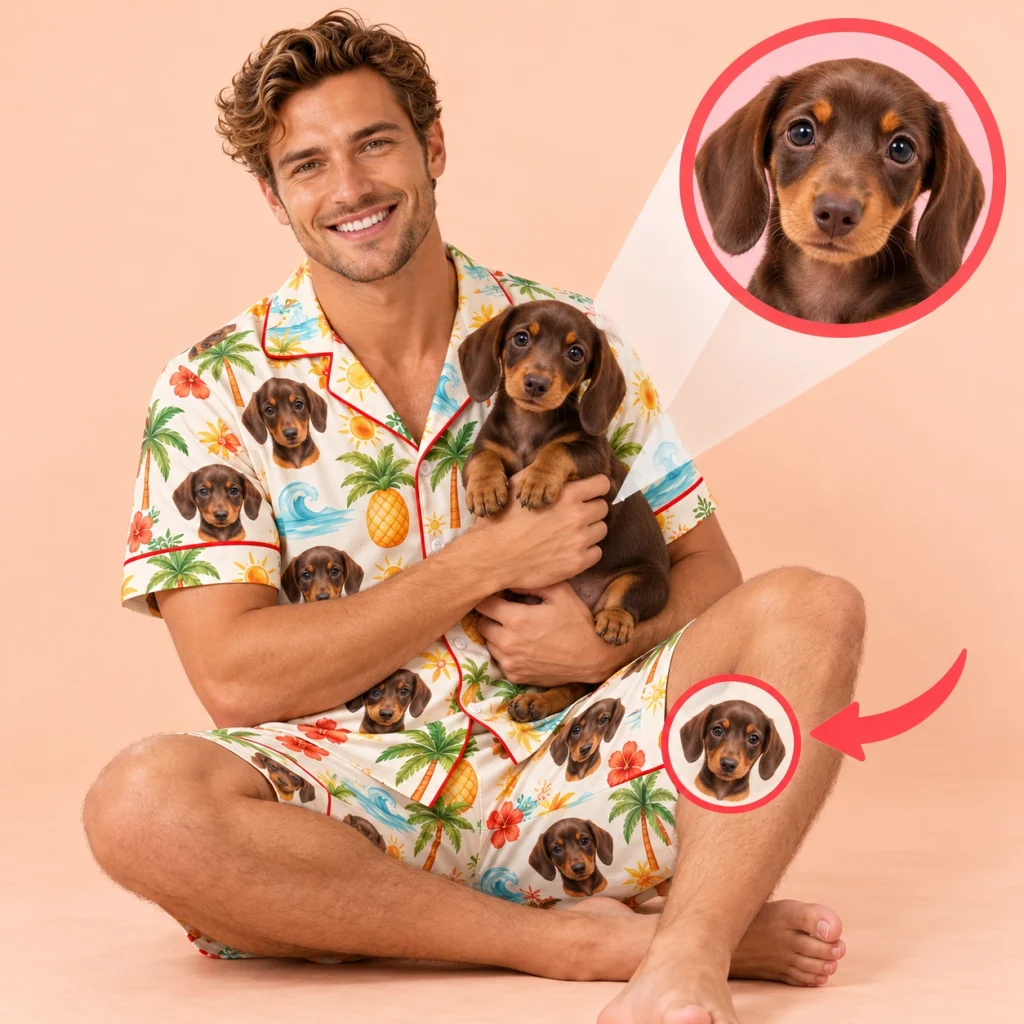 Mens pajama shorts set example: a dachshund photo turned into the all-over face print — MyDogPics