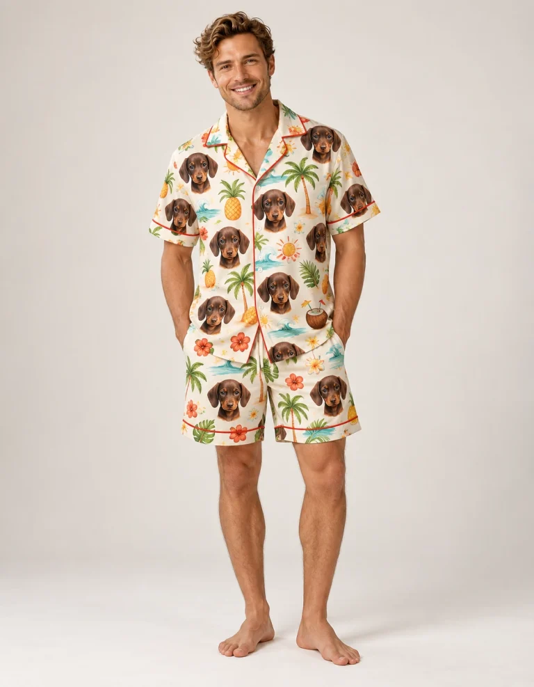 Man wearing a men's satin shorts set covered in dachshund faces, front view — MyDogPics