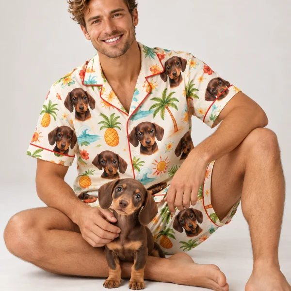 Man in a mens pajama shorts set holding his dachshund puppy — MyDogPics