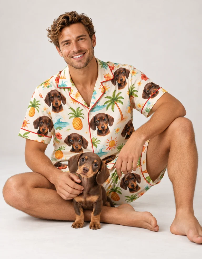 Man in a satin short-sleeve pajama shirt and shorts printed with his dachshund puppy face, a summer pajamas idea