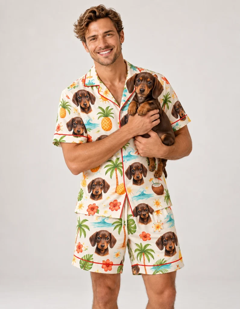 Man in a mens pajama shorts set holding his dachshund puppy — MyDogPics