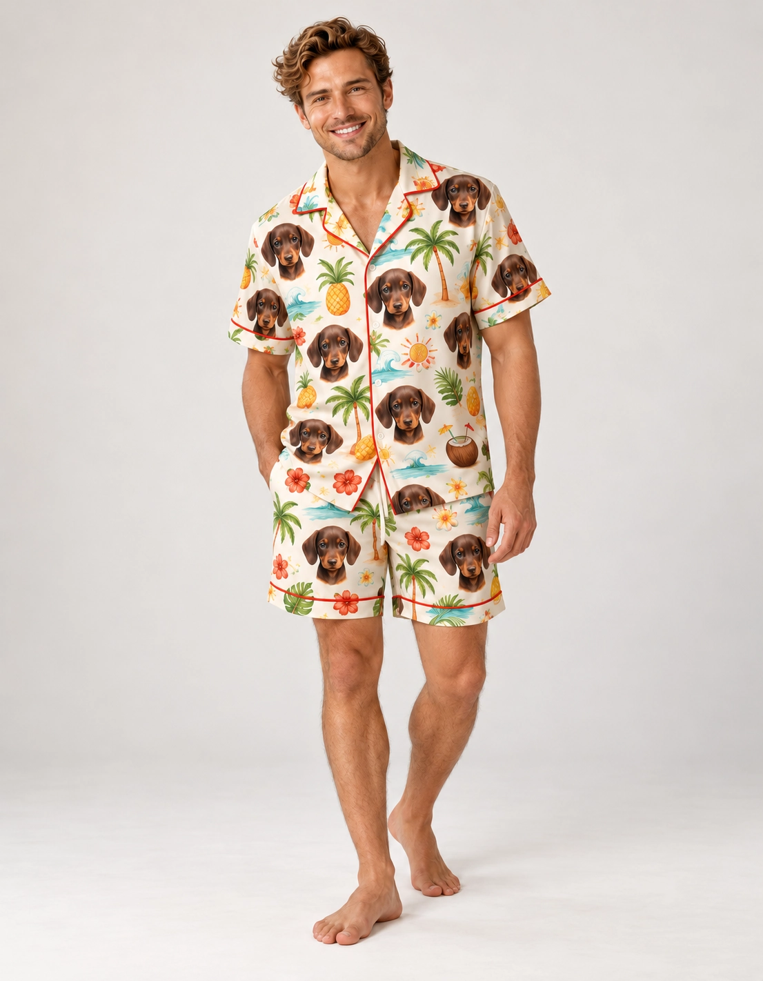 Men’s Pajama Shorts Set – Pose | MyDogPics Man posing in a mens pajama shorts set, dachshund faces on a cream tropical print — MyDogPics