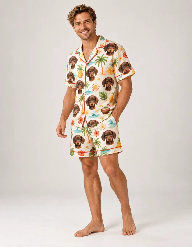 Man posing in a mens pajama shorts set, dachshund faces on a cream tropical print — MyDogPics