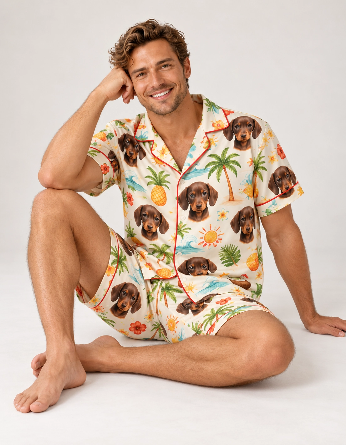 Men’s Pajama Shorts Set – Sitting | MyDogPics Man sitting in a mens pajama shorts set covered in dachshund faces — MyDogPics