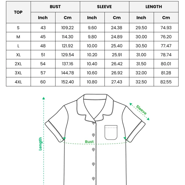 Mens pajama shorts set size chart — shirt (S–4XL) in inches and cm — MyDogPics