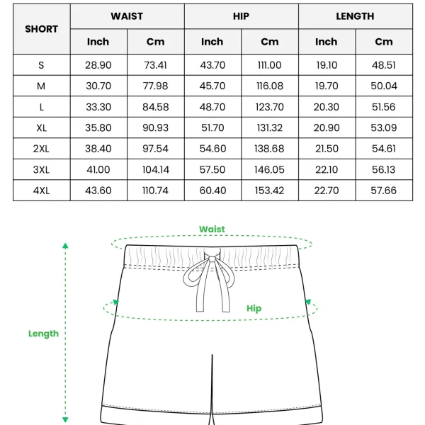 Mens pajama shorts set size chart — shorts (S–4XL) in inches and cm — MyDogPics