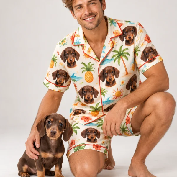 Man in a mens pajama shorts set standing next to his dachshund puppy — MyDogPics