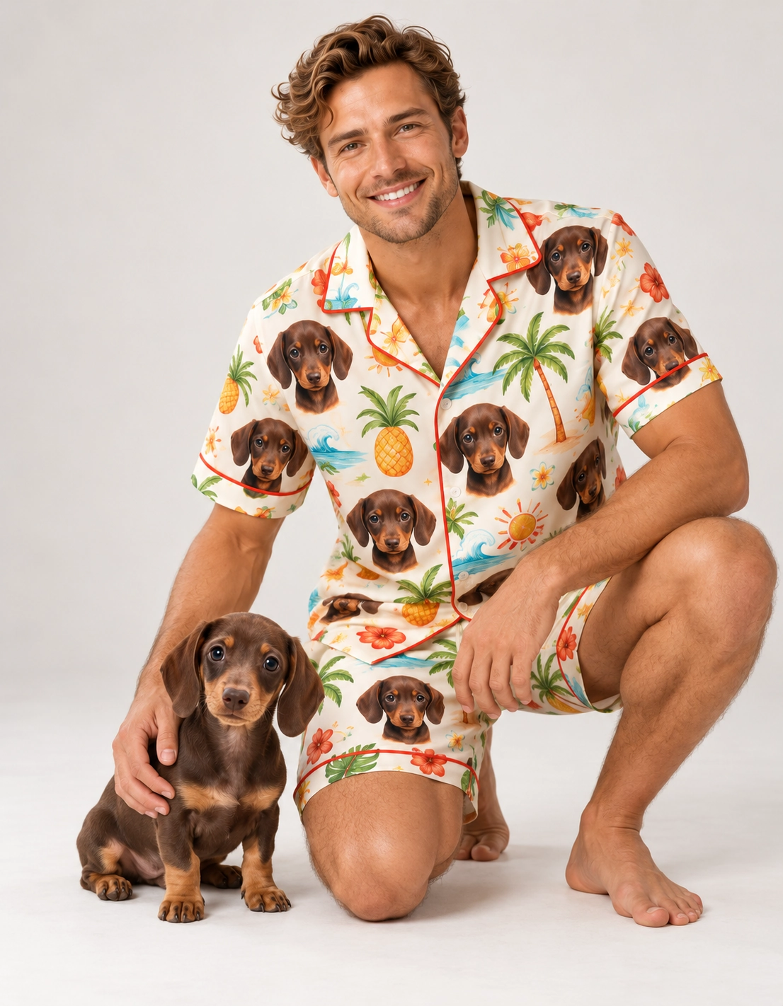 Men’s Pajama Shorts Set – With Dog | MyDogPics Man in a mens pajama shorts set standing next to his dachshund puppy — MyDogPics