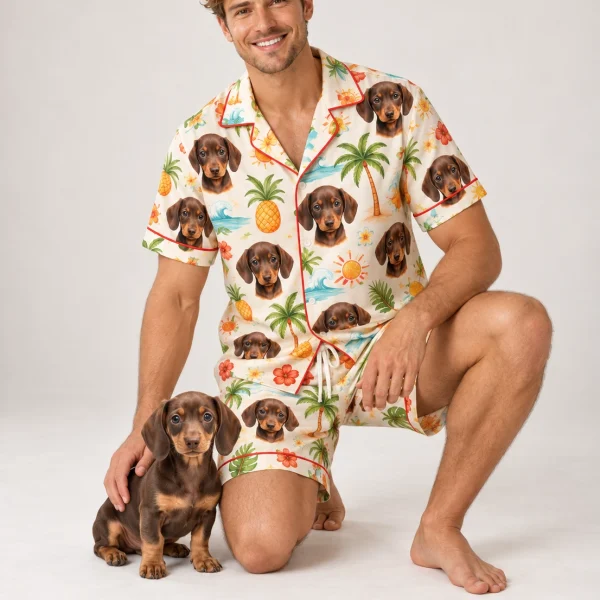 Man in a mens pajama shorts set standing next to his dachshund puppy — MyDogPics
