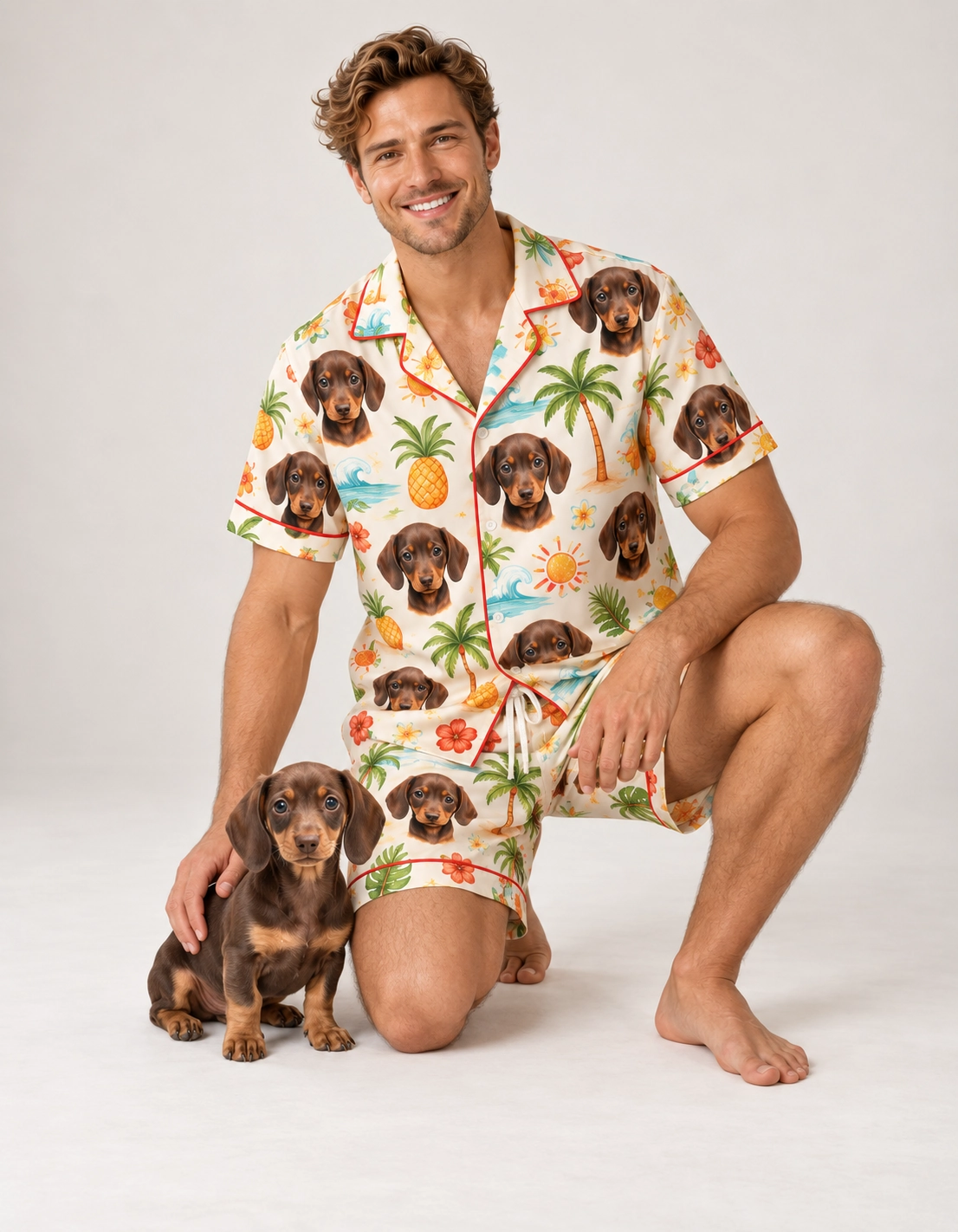 Men’s Pajama Shorts Set – With Dog | MyDogPics Man in a mens pajama shorts set standing next to his dachshund puppy — MyDogPics