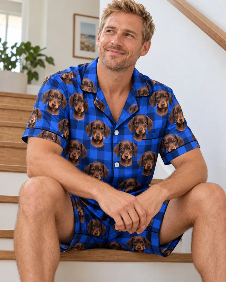 Man sitting in mens pajama shorts covered in brown dachshund puppy faces — MyDogPics